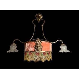 Art Nouveau, Bronze Chandelier With Tulips, Glass And Pearls, Circa 1900