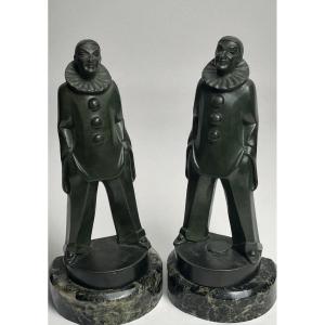 Art Deco, Pair Of Pierrot Bookends Signed Le Verrier Circa 1925