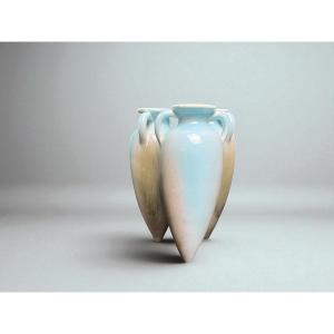 Art Nouveau, Small Triple Amphora Vase, Glazed Earthenware, Massier, Circa 1900