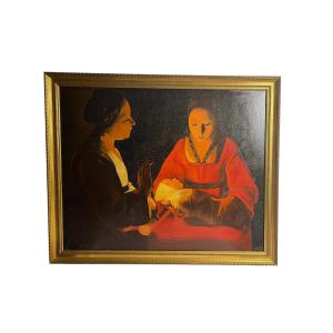 De La Tour, Hst Reproduction The Newborn Gilded Frame 20th Century