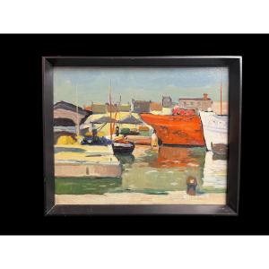 Oil On Panel Boats In The Port Frame 20th Century