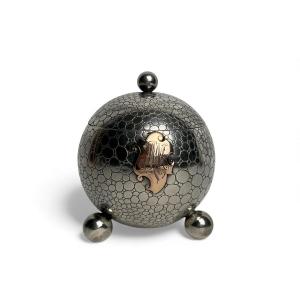 Silver Tripod Spherical Inkwell With Minerva Cartouche, Late 19th Century