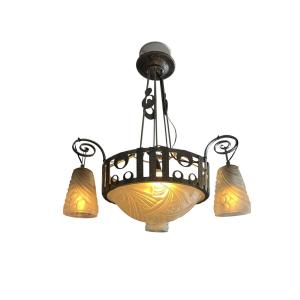 Art Deco, 4-light Wrought Iron And Pressed Glass Chandelier By Dugué Negra, Circa 1930