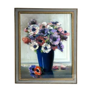 Buron Henri, Pastel Still Life Bouquet Of Anemones, Signed Circa 1950