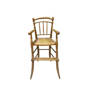 Antique Baby Chair With Caning, Wood, And Bamboo, Early 20th Century 