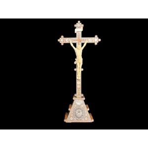 Antique Religious Object Christ Crucified Ivory Mother-of-pearl And Wood Jerusalem 19th Century