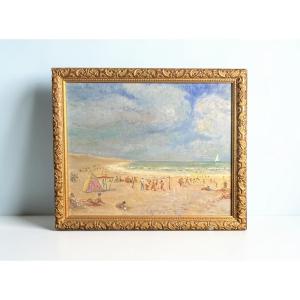 Oil On Canvas Animated Beach Scene Normandy Framing 20th Century