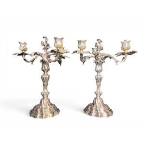 Tableware, Pair Of 3-candle Candelabra In The Louis XIX Style, Late 19th Century