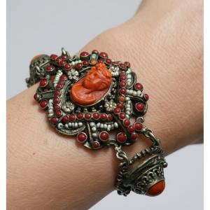 Antique Silver And Coral Bracelet, 19th Century 