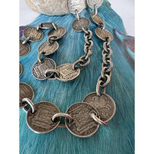 Important Silver-plated Metal Sautoir Necklace Adorned With 19 Spanish Coins