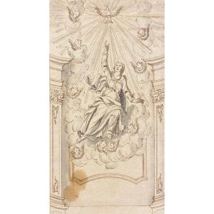 Ecole Française XVIII apparition de la vierge, dessin ancien lavis 