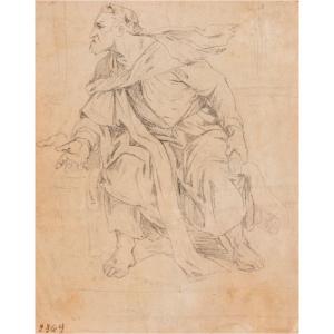 French School XVIII Study Of Draped Man Old Drawing