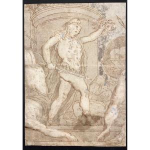 Ecole Italienne XVIIème Siècle, David Vainqueur Tenant La Tête De Goliath, Dessin Ancien