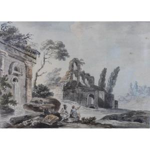 Italian School, Eighteenth Century, Landscape Study With Two Men, Old Drawing