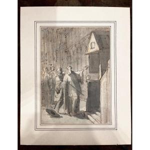 Ecole Italienne XVIII Scène d'Intérieur d'église Dessin Ancien Lavis Encre