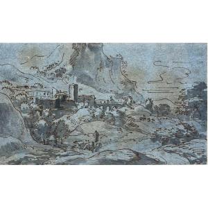 Ecole Italienne Du XVIIIe Siècle Paysage Au Palais Dessin Ancien