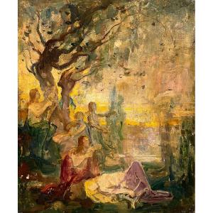 Attribué à Jules Cheret (1836-1932) Esquisse Huile Sur Toile 