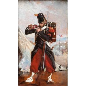French School 19th Century Soldier Smoking His Pipe Oil On Paper Old Painting 