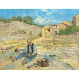 French School 19th Century Provence The Hunter's Rest Oil On Canvas South Of France 