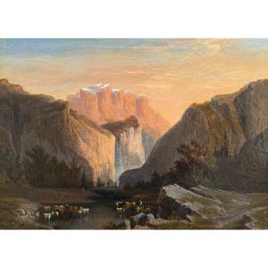 Attributed To François Diday (1802-1877) Evening In The Swiss Valley Old Painting
