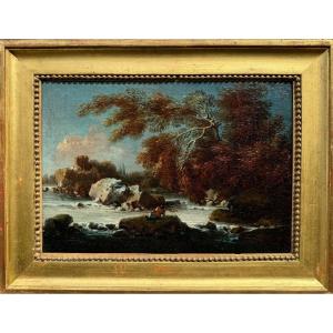 18th Century School Landscape At The River Oil On Canvas Old Painting