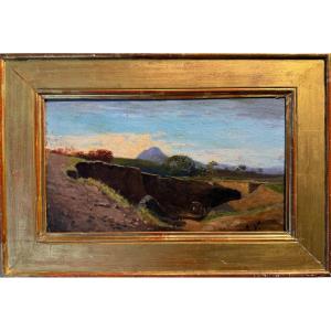 French School XIX Monogram Ev Landscape Study Oil On Old Painting Paper