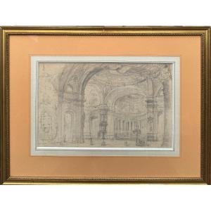 Neoclassical Italian School Large Drawing Architecture Church Interior Old Drawing