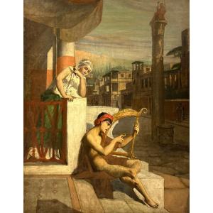 Academic School XIX Couple With Lyre Pompeii Oil On Canvas Old Painting