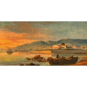 Italian School 19th Century View Of A Port In Italy Oil On Paper Old Painting