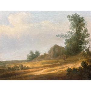 18th-century School, Lively Landscape, Oil On Canvas, Antique Painting