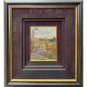 Impressionist School Late 19th Century Woman Seated In A Field
