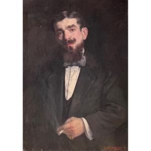 Portrait Of A Man With A Cigarette Oil On Canvas Signed Bascoules 1916