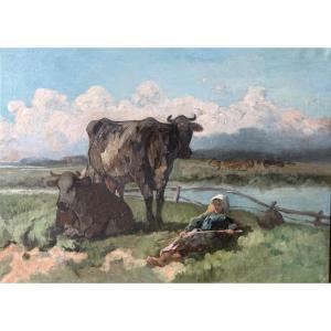 Impressionist School Late 19th Century Reclining Peasant Woman Oil On Canvas Old Painting