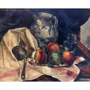 Henry De Waroquier (1881-1970) Still Life Oil On Panel Antique Painting