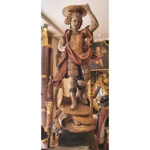 Porte Torchère "Soldat Romain" En Bois Sculpté Polychrome Italie XVIII ème