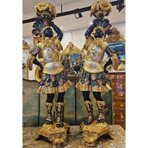 Pair Of Nubian Torchiere Holder In Carved Gilded And Polychrome Wood Venice Early 19th Century
