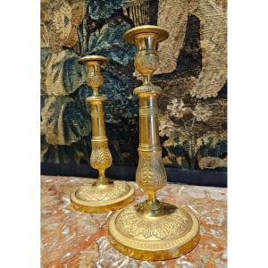 Pair Of Candlesticks In Gilt Bronze Restoration Period 19th 