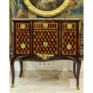 Marquetry Chest Of Drawers Stamped G.jansen Transition Period 18th Century 