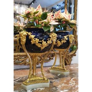 Pair Of Louis XVI Style Vases In Porcelain And Gilt Bronze, Napoleon III Period, 19th Century