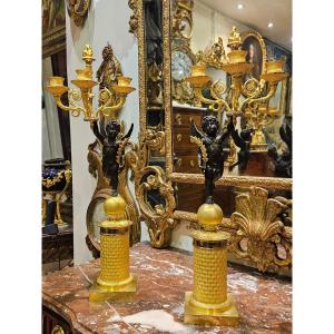 Pair Of Large Candelabra "with Winged Putti" Empire Period Early 19th Century