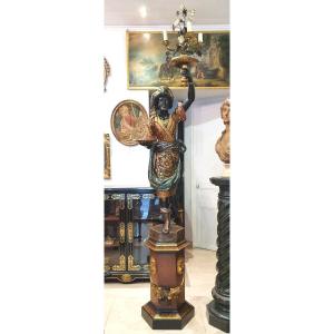 Important Nubian Torchere Door In Polychrome Carved Wood Venice XIX