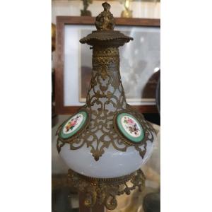 White Opaline Bottle19th Century With A Chinese Man 