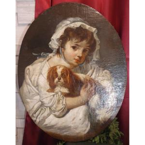 Oil On Canvas 19th Century Girl Playing With Her Dog After Jean- Baptiste Greuze