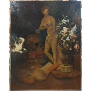 Oil On Canvas Still Life With Vanity, Nude Sculpture And Cat