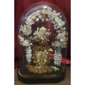 Napoleon III Bridal Globe And Its Period Interior With Vase, Floral Arrangement, Hair