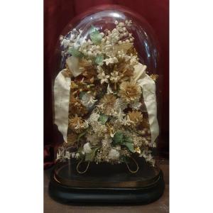 Early 20th Century Bridal Globe With Fabric Floral Arrangement And Wax Buds