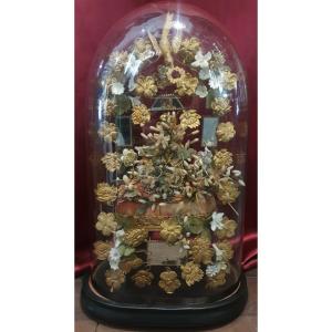 Napoleon III Wedding Globe With Oval Mirror Base, Crown And Bouquet.