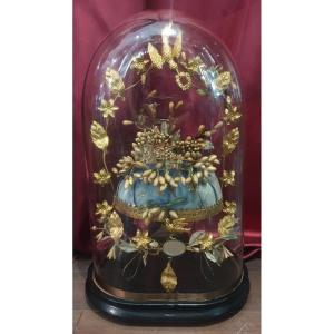 Napoleon III Wedding Globe With Oval Base, Central Oval Mirror, Crown, Bouquet And Brooch