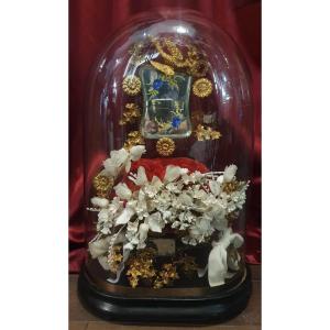 Early 20th Century Bridal Globe With Oval Base, Painted Central Mirror, Floral Fabric Decoratio