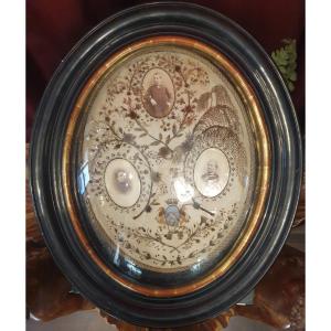 Antique Frame Made Of Hair With Heraldic Decoration, Photographs And Coloured Sand